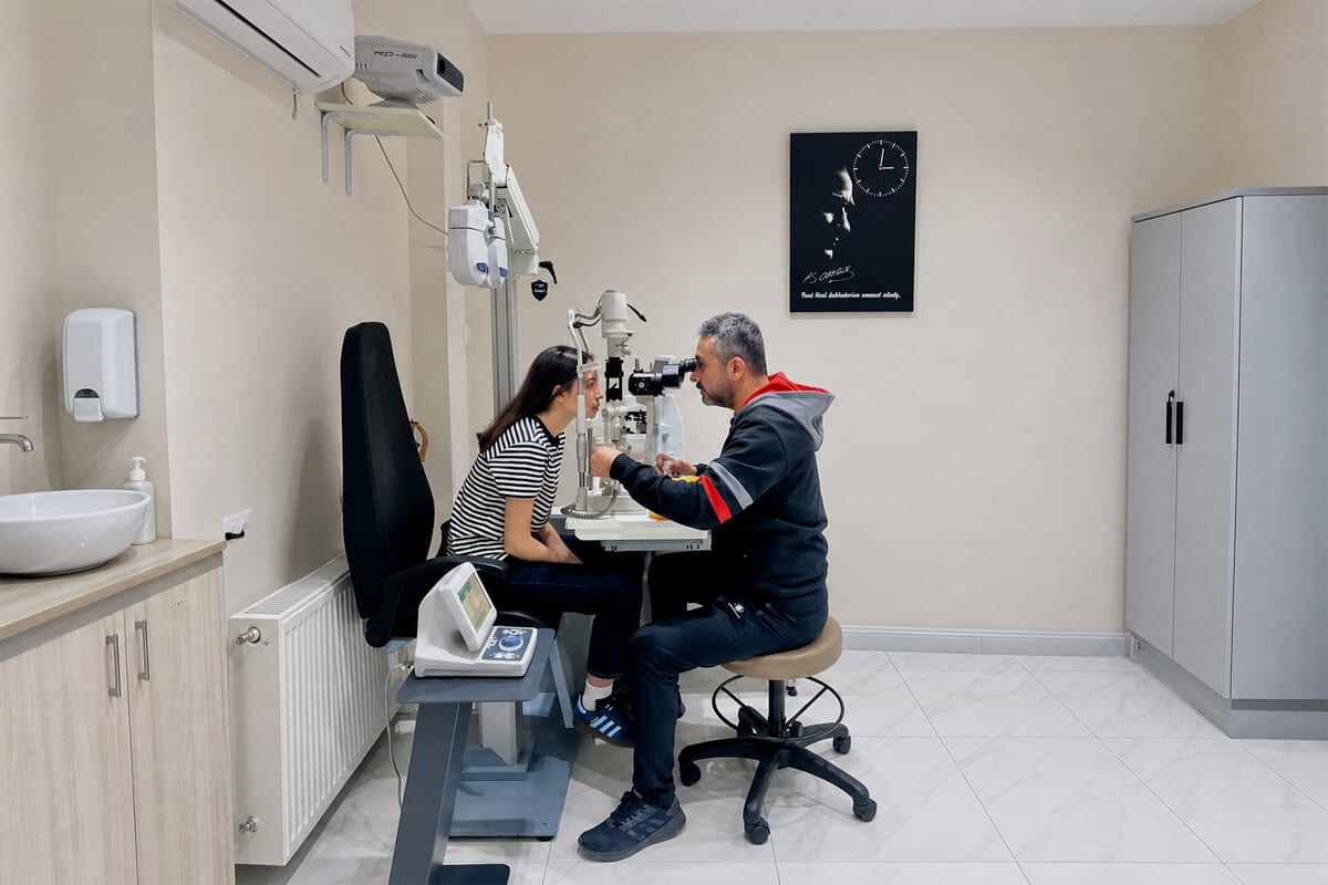 Klinikteki muayene odasında göz muayenesi