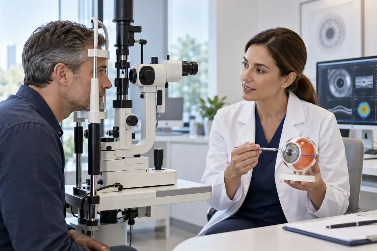 Göz lazer ameliyatı ve akıllı lens seçeneklerini karşılaştıran hasta